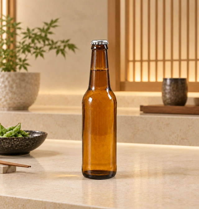 アンバービールびんの別背景での全体外観