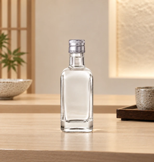 透明ガラス製 白酒（パイチュウ）用びんの別背景での全体外観