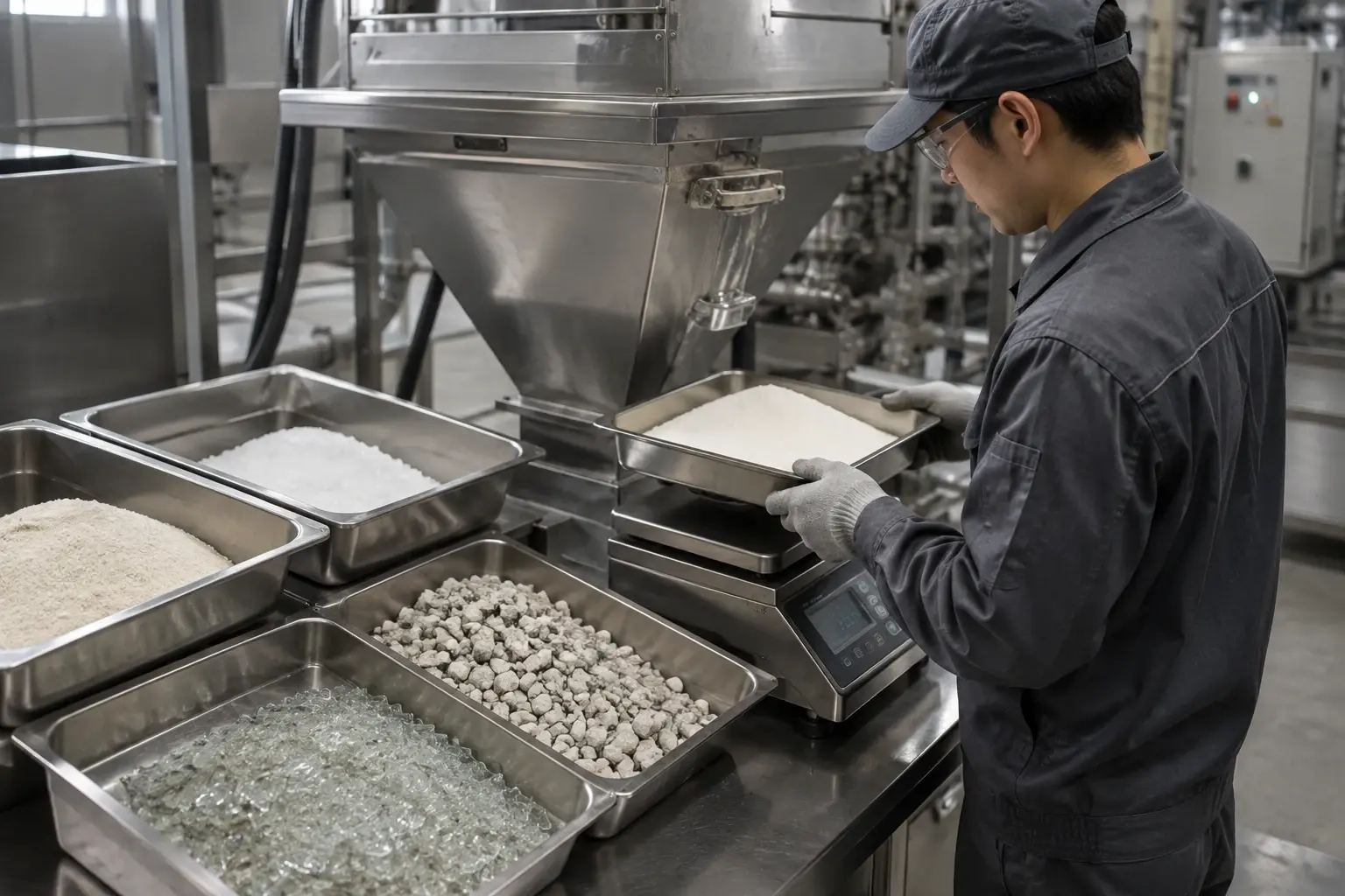 ガラス原料を計量して準備する工程