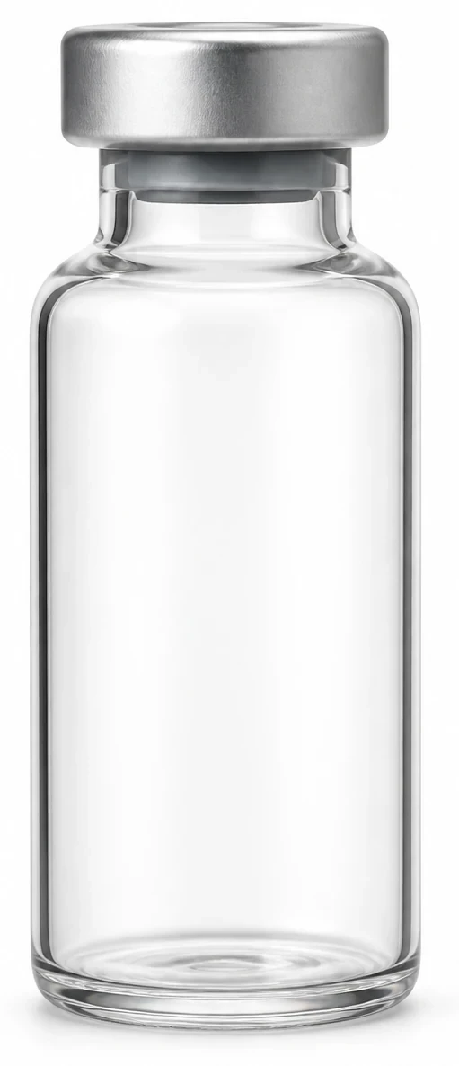 銀灰色のキャップを備えた透明の医薬品用ガラスびん