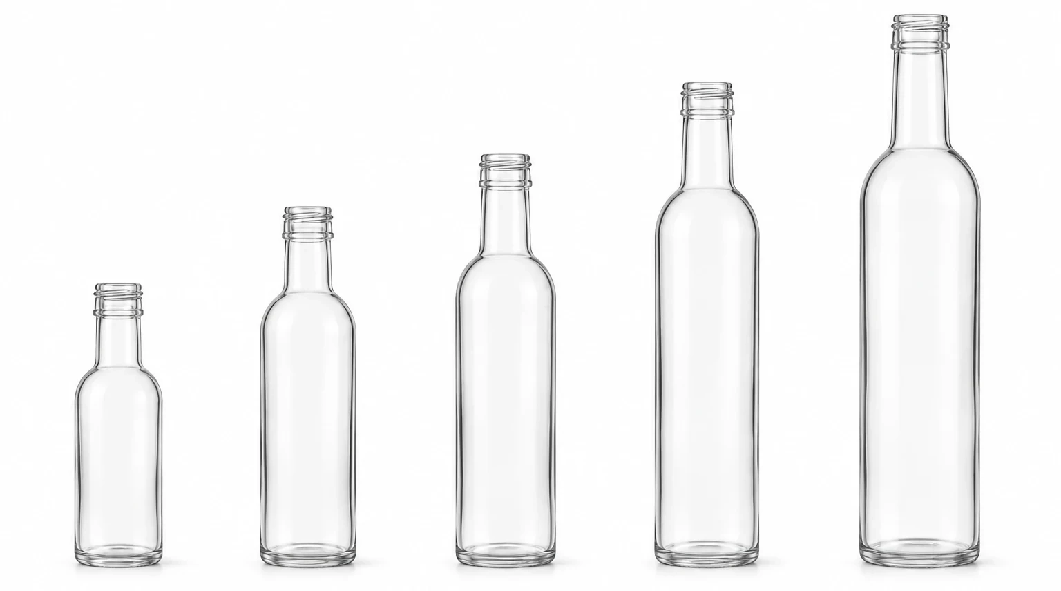 100mLから750mLまで容量順に並んだ5本の飲料用ガラスびん