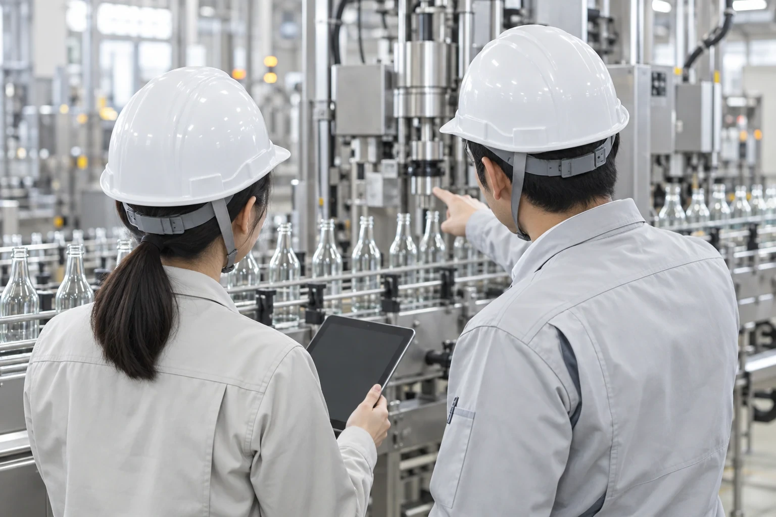 ガラス容器の生産ラインを近距離で確認する製品開発担当者と製造技術者